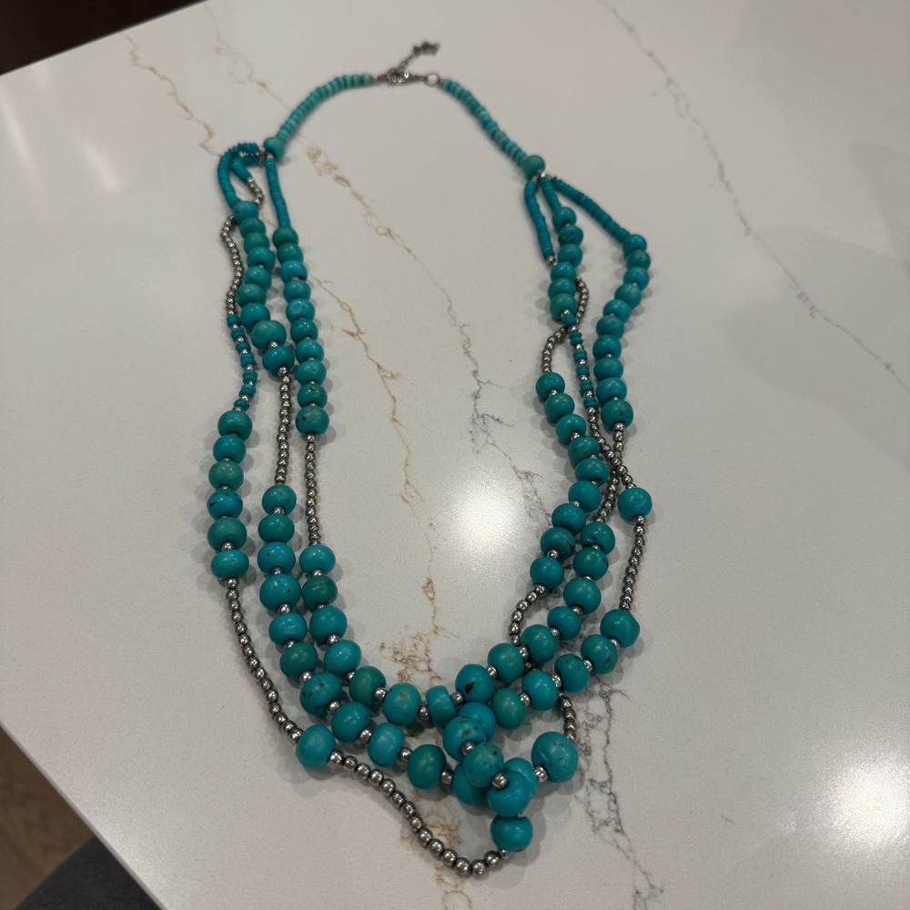 Boho Southwest Turquoise Blue Multi Strand Beaded Statement Necklace Silver